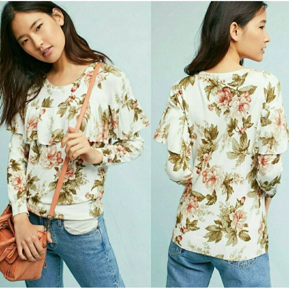 Harlyn Anthropologie Size Small Floral flower Printed Ruffle Sweater Ivory